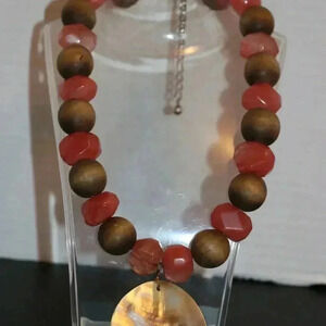 Chunky Rose Quartz and Wood 16" Necklace with 2" Mother of Pearl Pendant